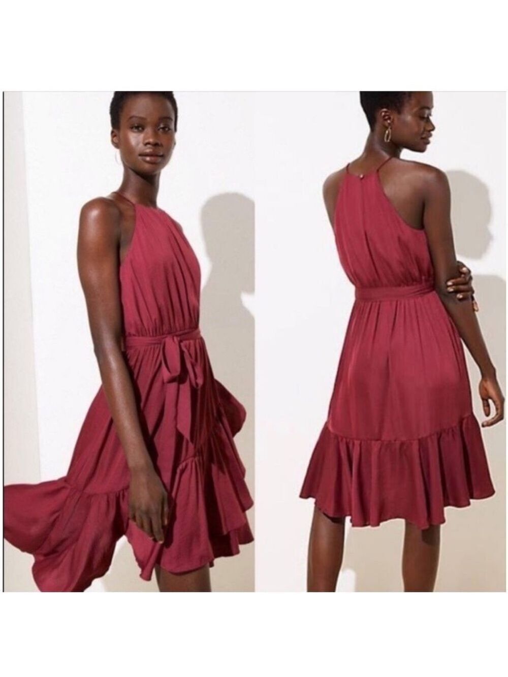 LOFT Halter Sleeveless Ruffle Hem Waist tie dress Knee Length Sz Large
